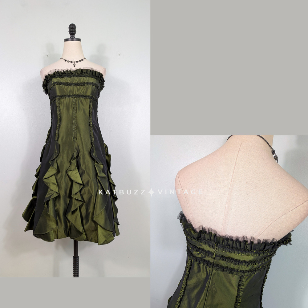 Y2K Badgley Mischka Prom Dress Midi Gown 6 Olive Green Ruffle Goth Guest Hoco
